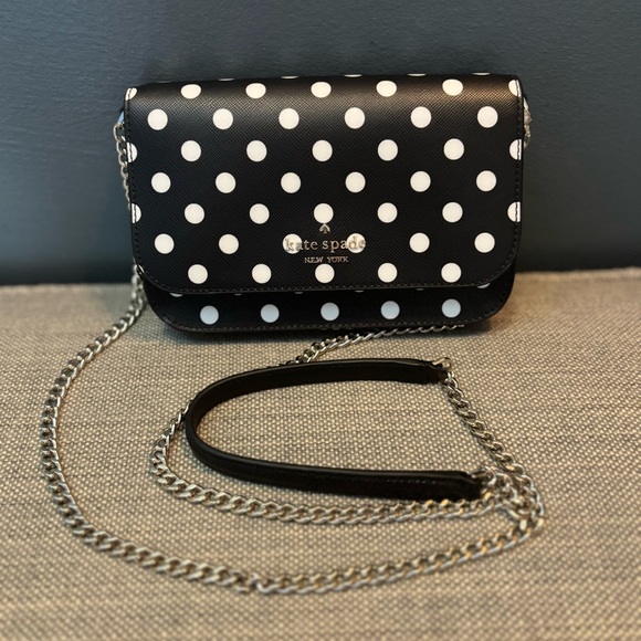 KATE SPADE Cheers Crossbody Bag - Black and White Polka Dot Leather Purse - Picture 7 of 15